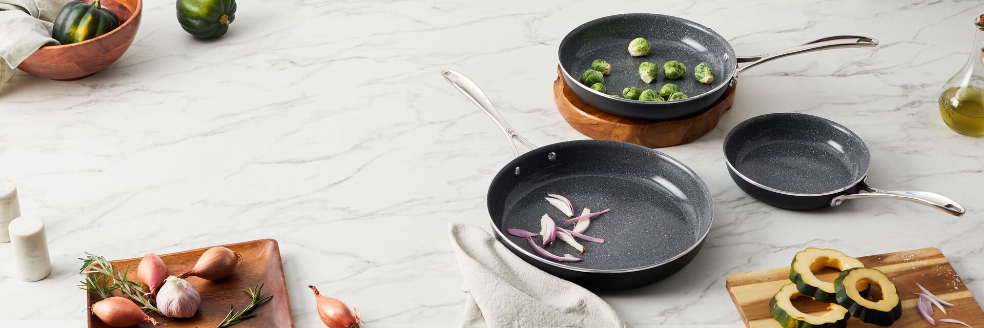 Capri Ceramic Nonstick Pan Set with prep vegetables