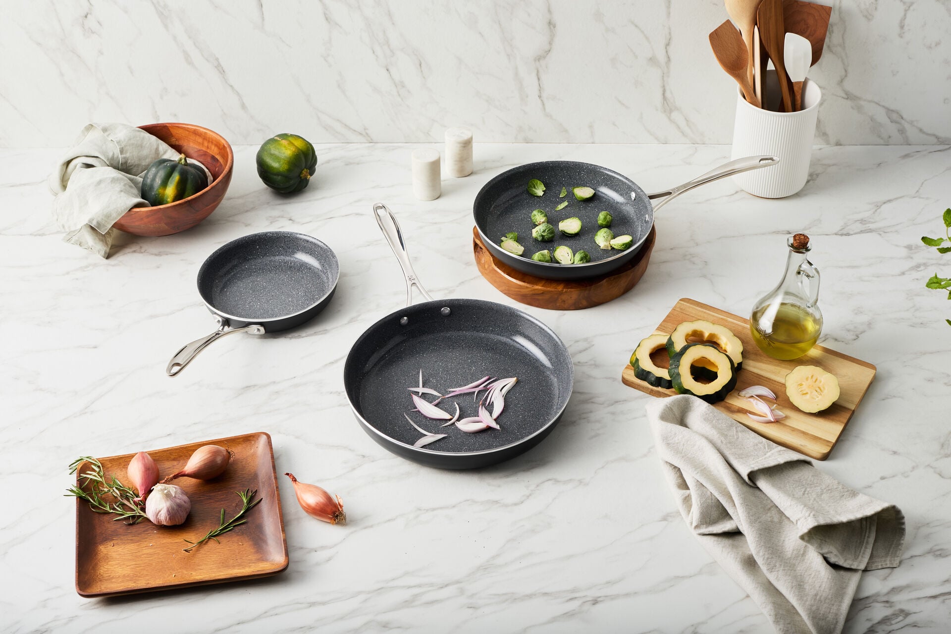 Capri Ceramic Nonstick Pan Set with prep vegetables