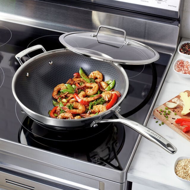 12-inch, Stainless Steel, Ceramic Hybrid Wok With Lid, Silver,,large