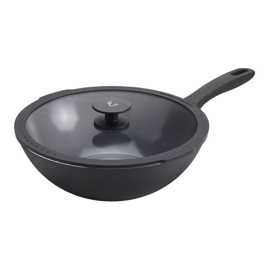11-inch, Aluminum, Ceramic Nonstick Wok With Lid, Matte Black,,large