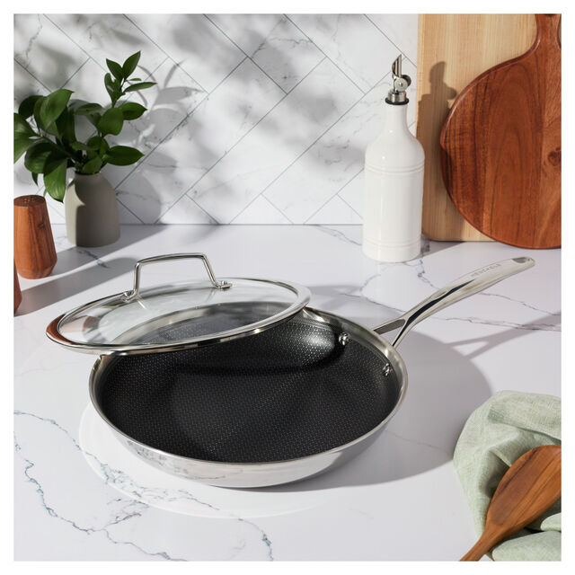 12.00 inch, Stainless Steel, Ceramic Hybrid Frying Pan With Lid,,large