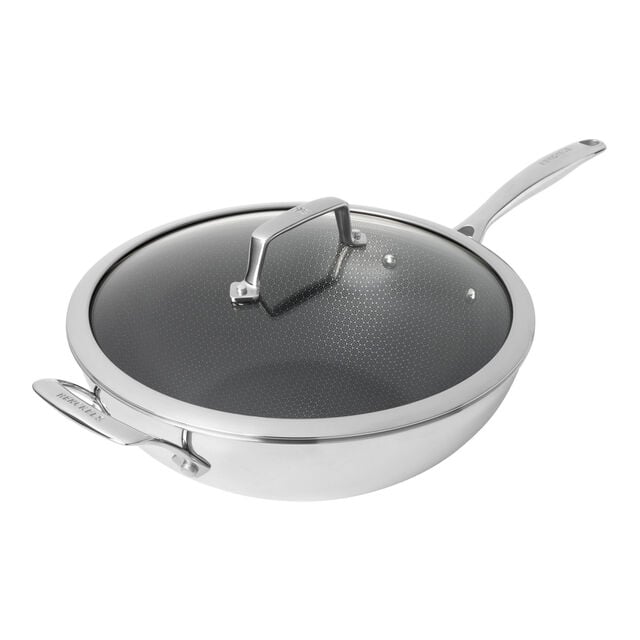 12-inch, Stainless Steel, Ceramic Hybrid Wok With Lid, Silver,,large