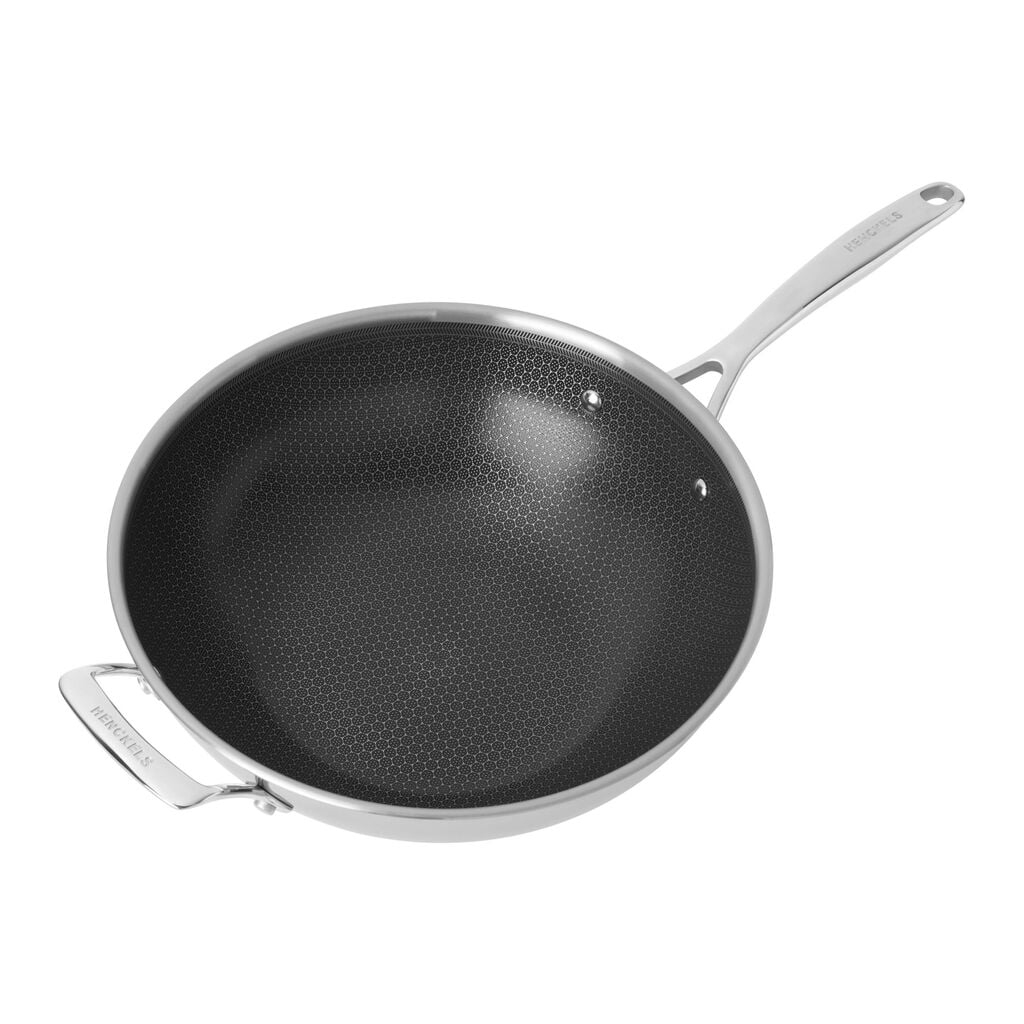 12-inch, Stainless Steel, Ceramic Hybrid Wok With Lid, Silver,,large