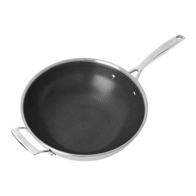 12-inch, Stainless Steel, Ceramic Hybrid Wok With Lid, Silver,,large