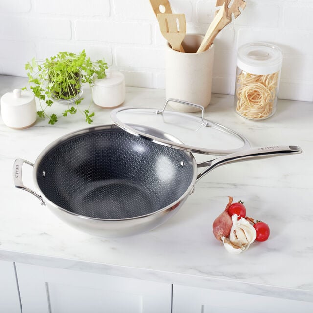 12-inch, Stainless Steel, Ceramic Hybrid Wok With Lid, Silver,,large